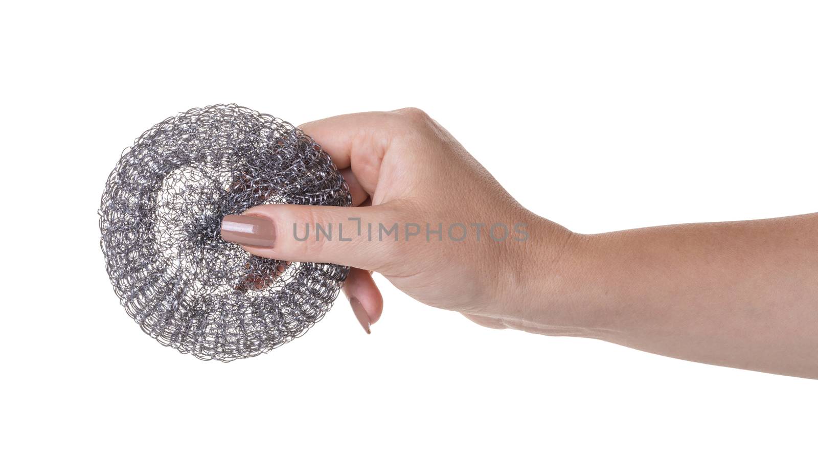 metal sponge for utensils in a female hand on white isolated background
