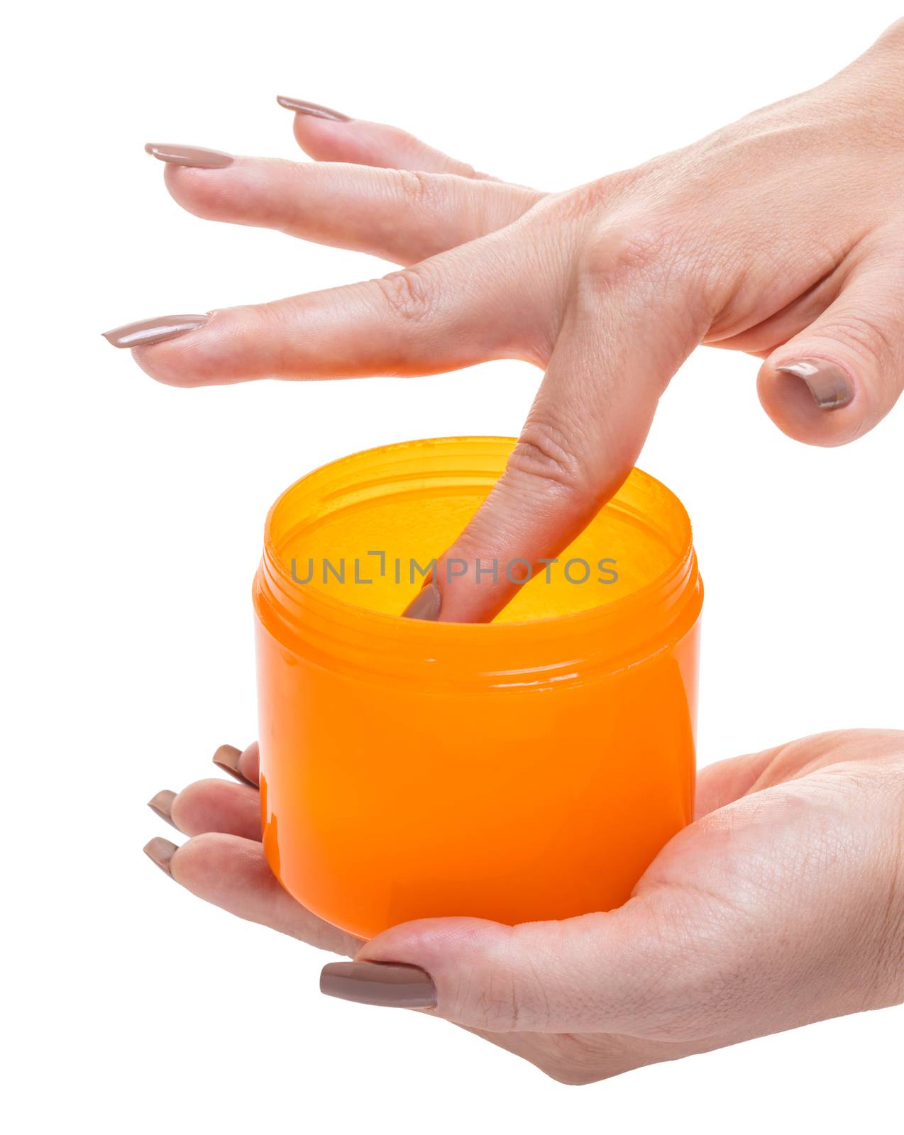 bank with cosmetic cream in hands on white background isolated