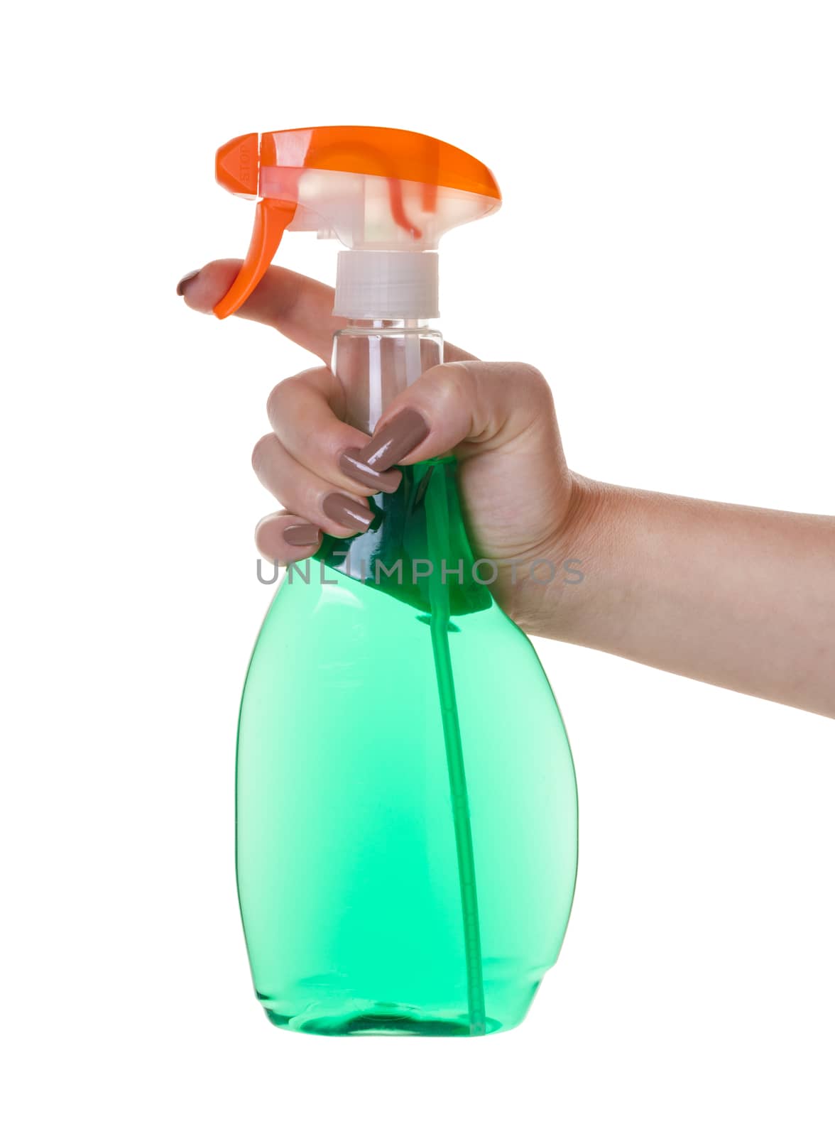 detergent with sprayer in hand on white isolated background