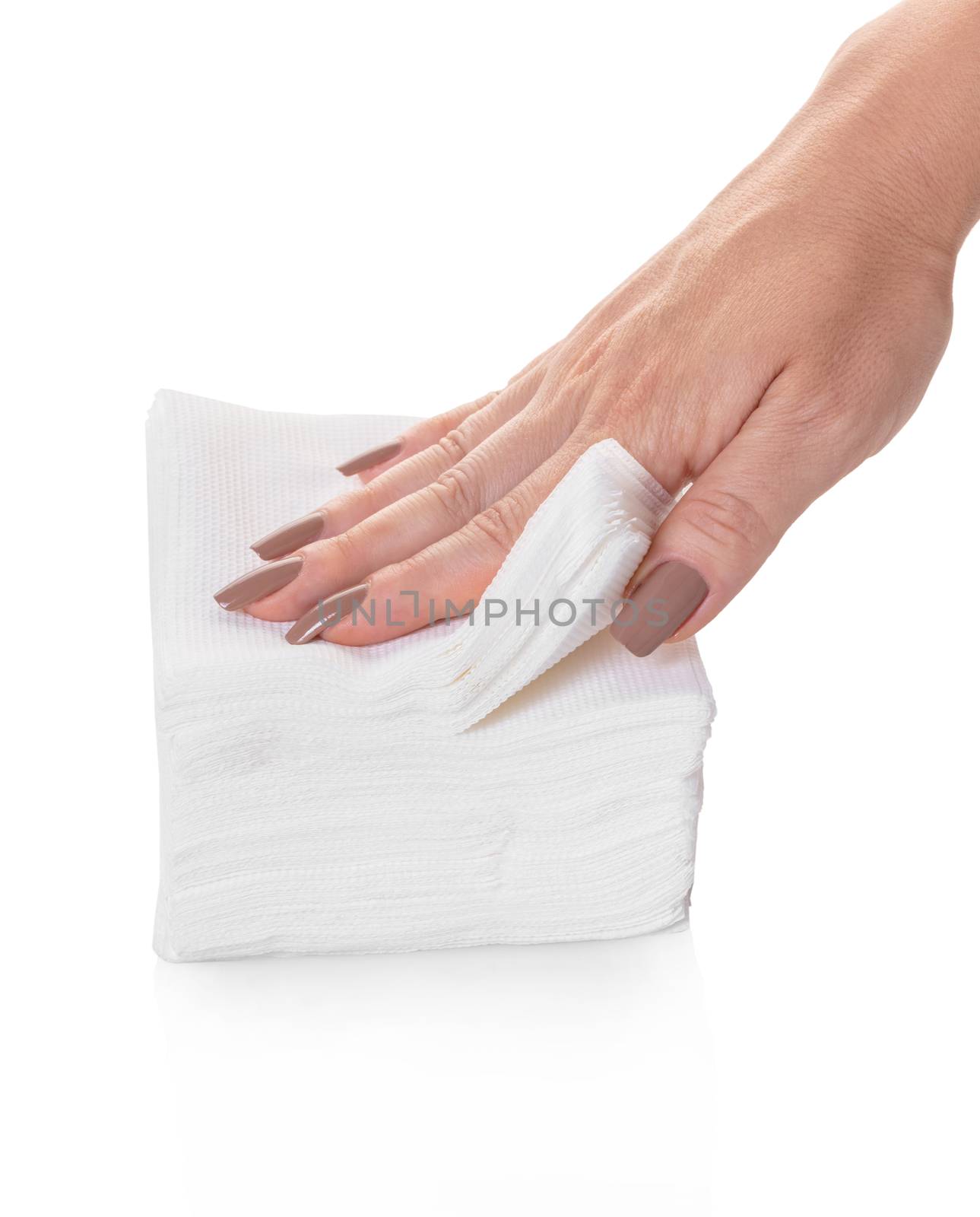 pack of napkins in hand on white background isolated