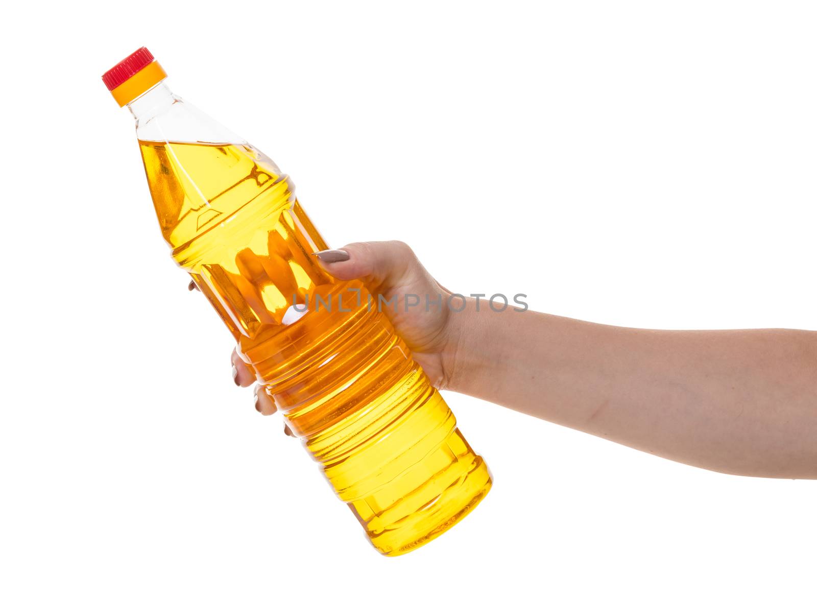bottle with vegetable oil in hand on white isolated background