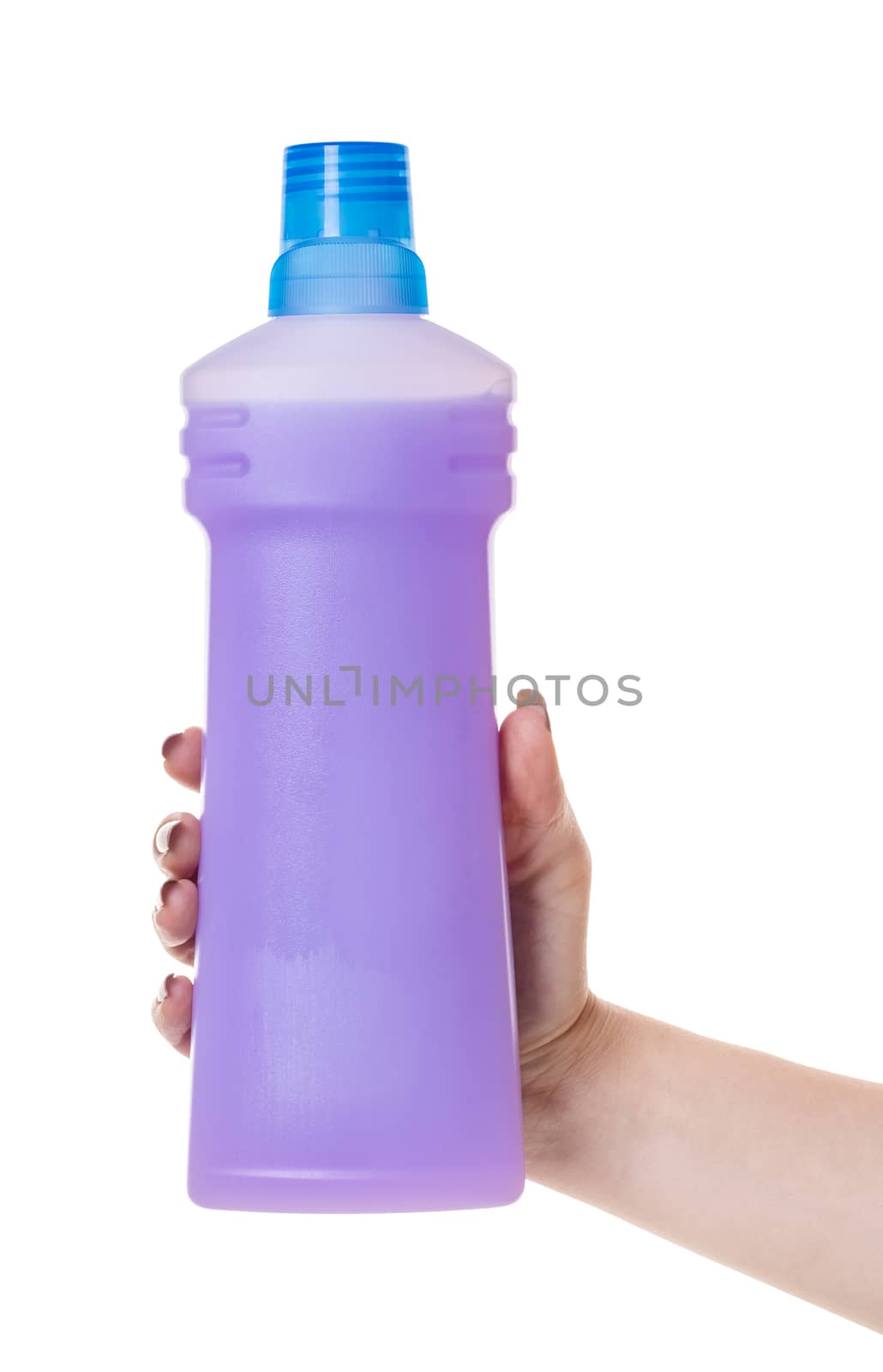 bottle with detergent in hand on white isolated background