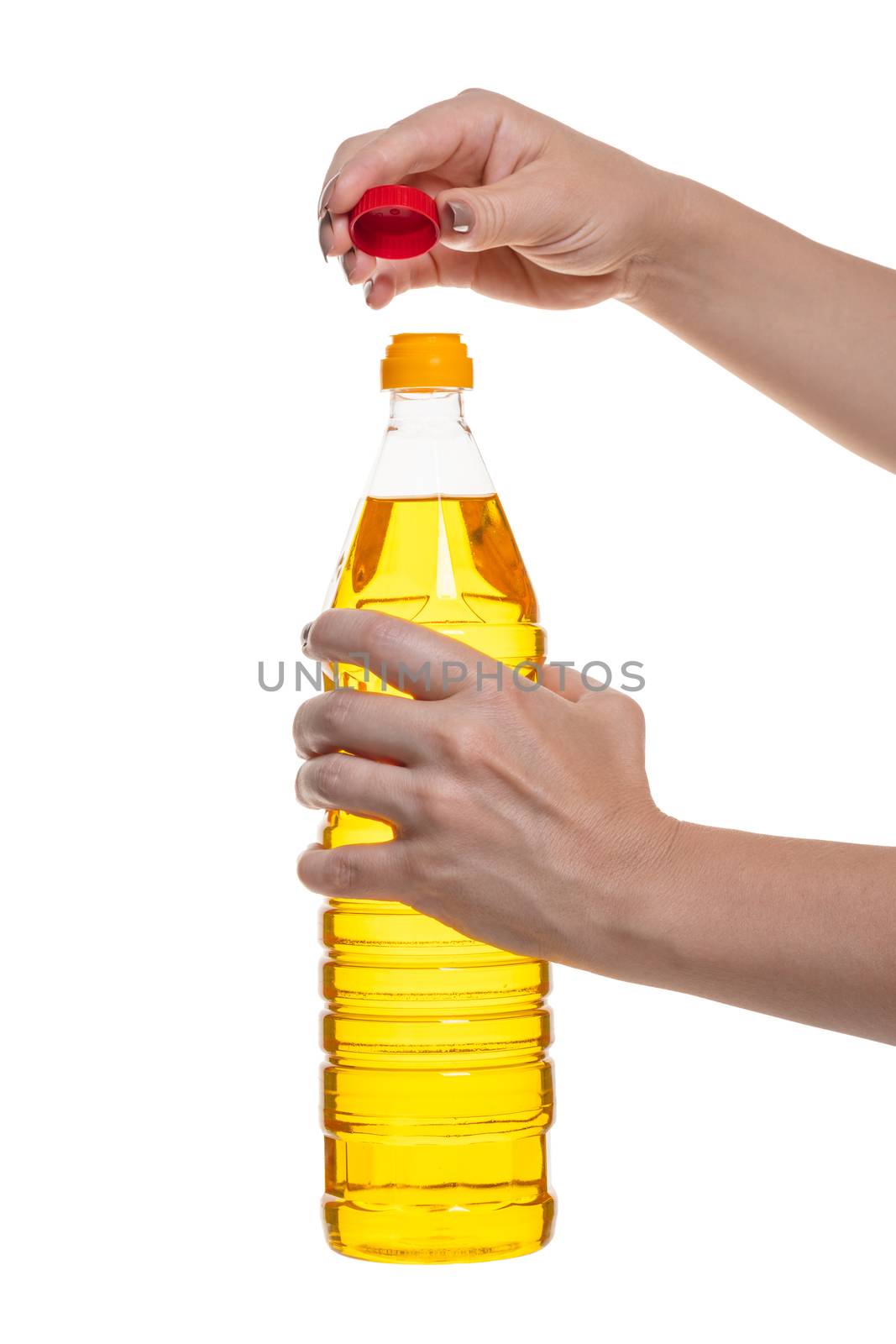 bottle with vegetable oil in hand on white isolated background