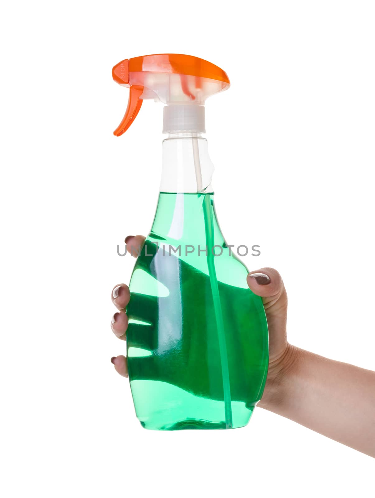 detergent with sprayer in hand on white isolated background