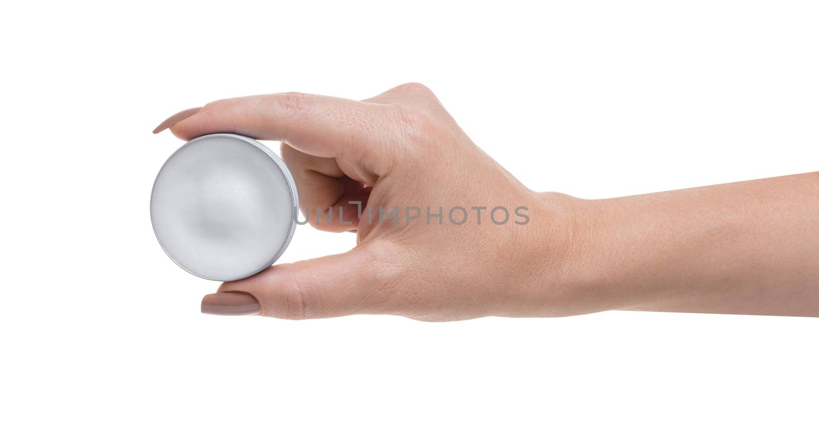 jar with lip cream in hand on white isolated background