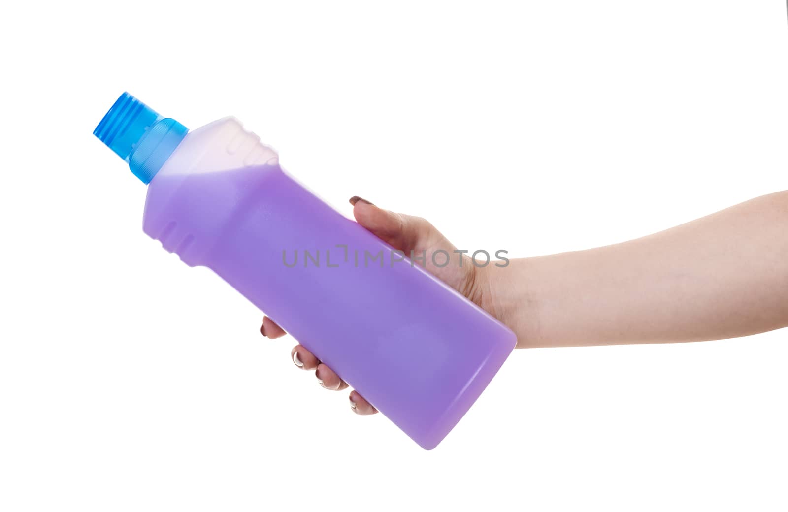 bottle with detergent in hand on white isolated background