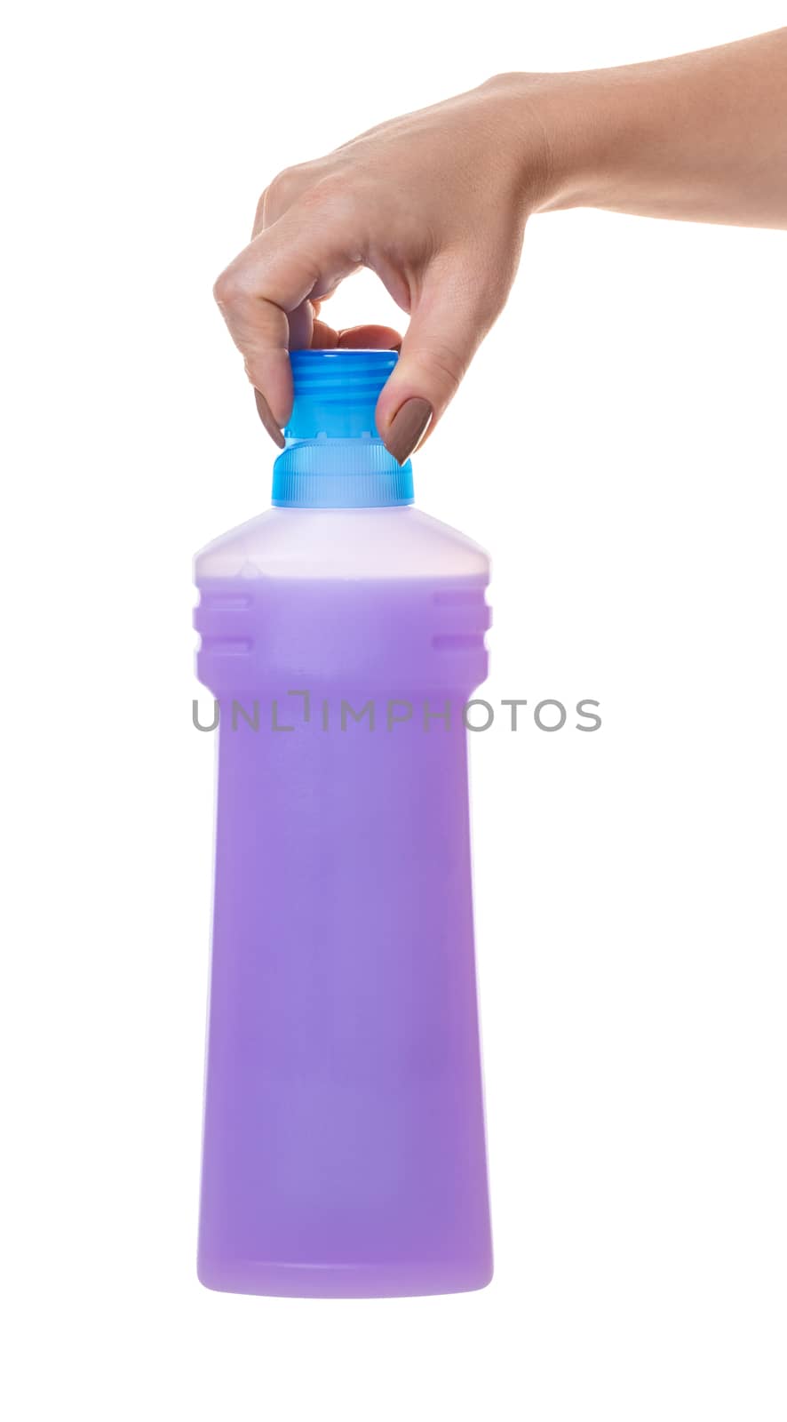 bottle with detergent in hand on white isolated background