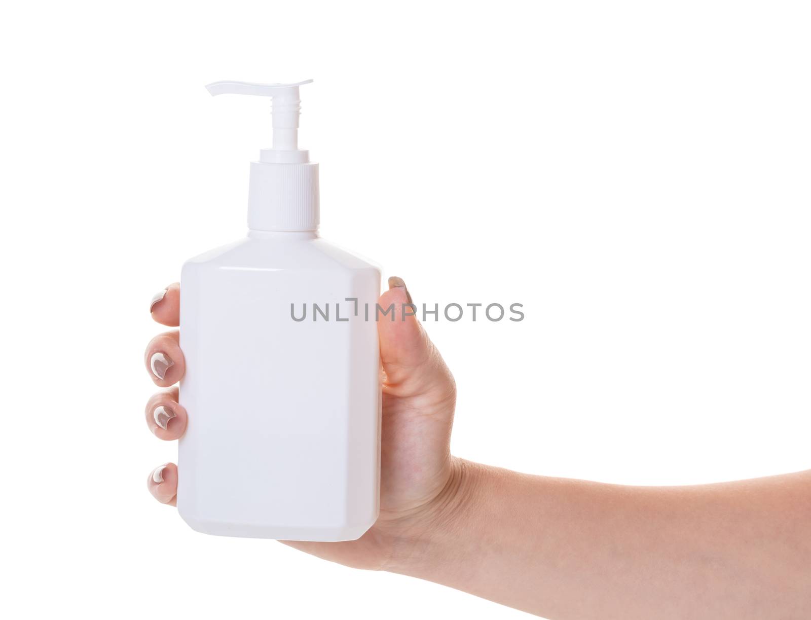 bottle with liquid soap in hand on white isolated background