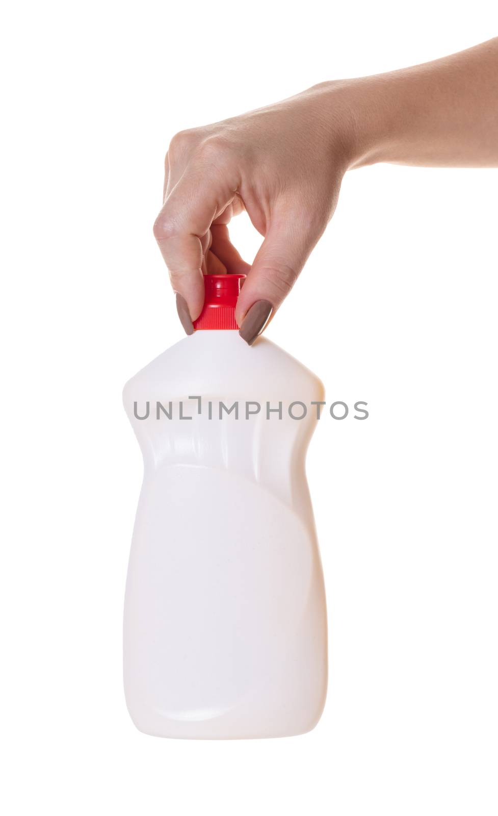 bottle with detergent in hand on white isolated background