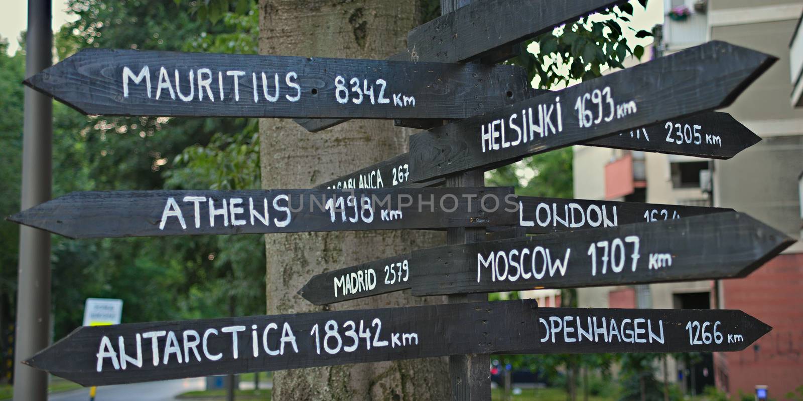 Direction signs to various distant places on earth