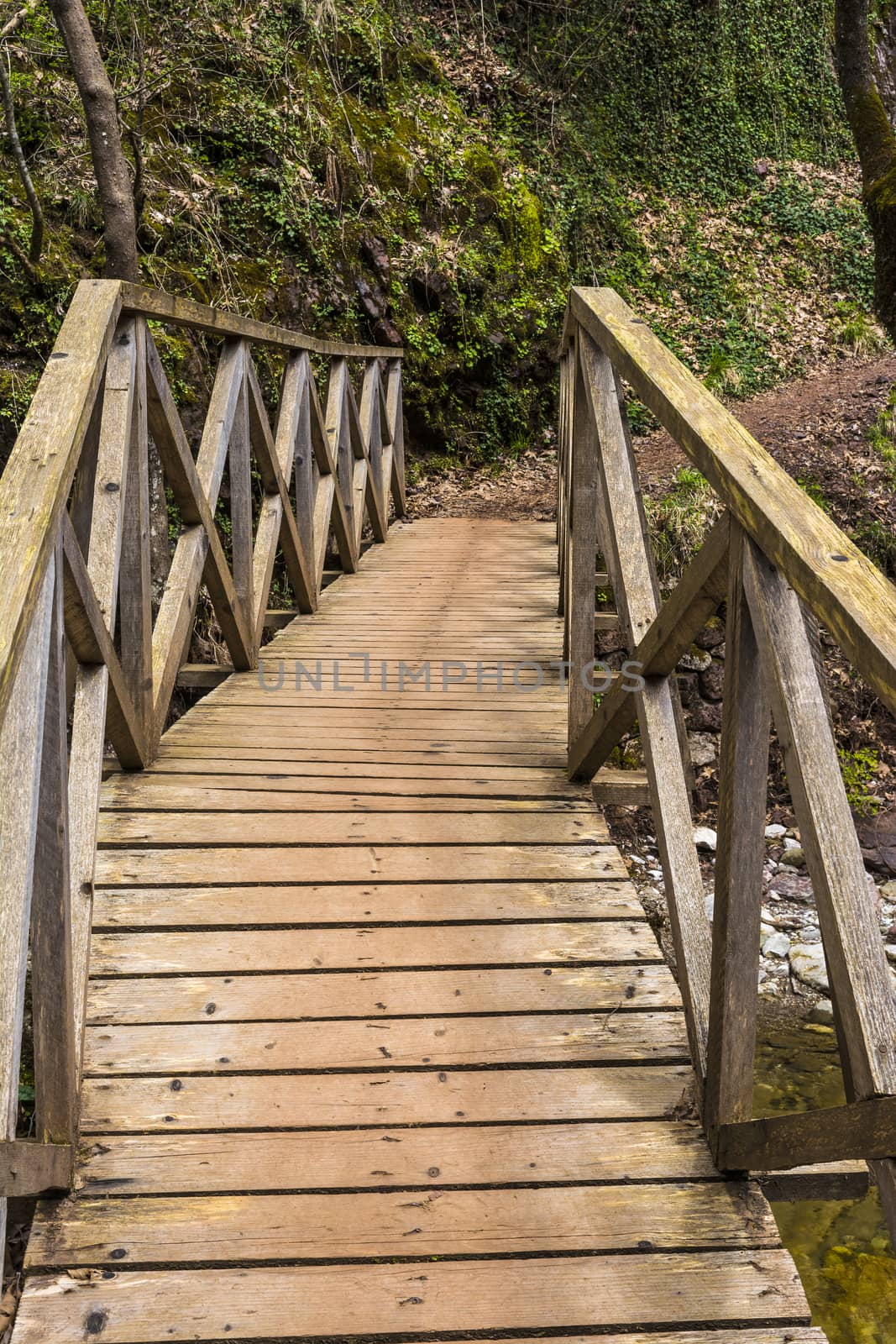 Wooden bridge on the path of Mavri Spilia - Black Cave, close to Proussos village by ankarb