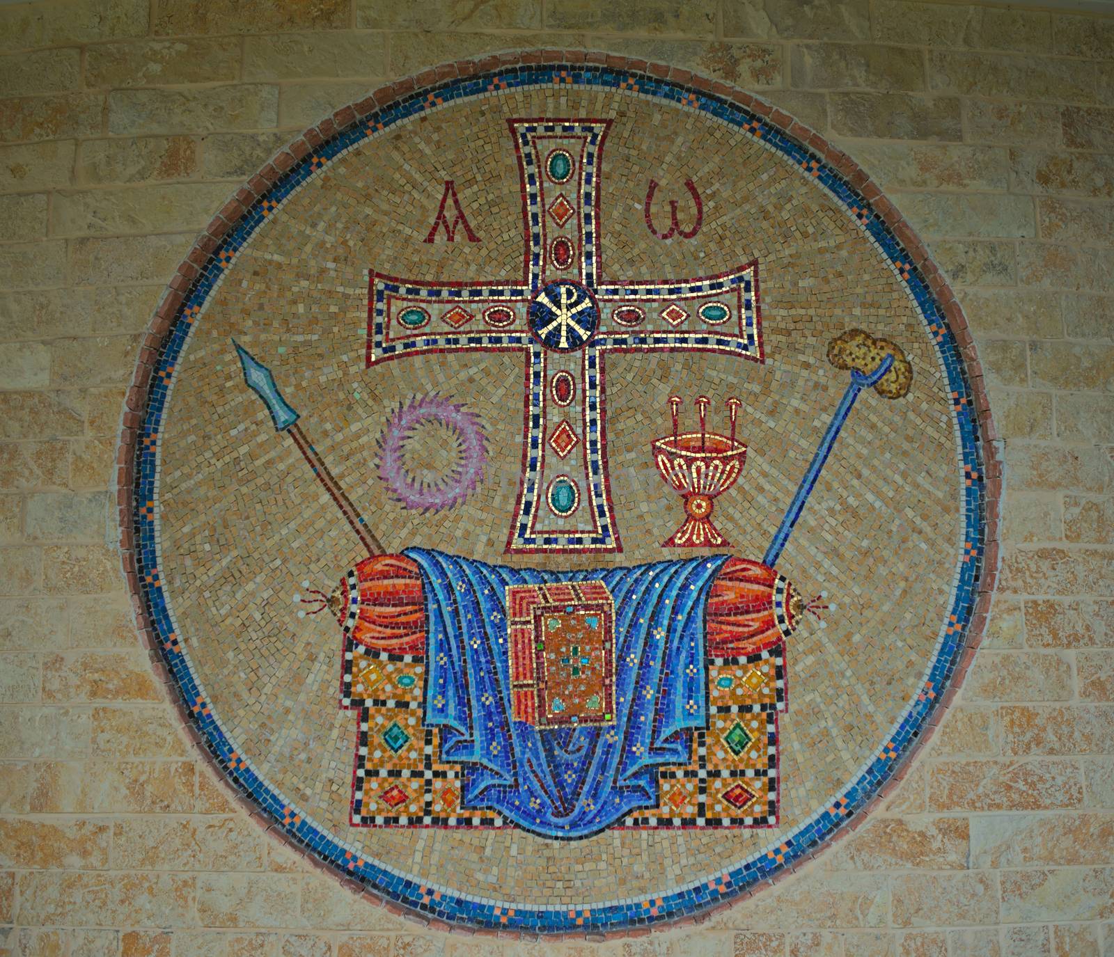 Mosaic on stone wall with christian symbols by sheriffkule