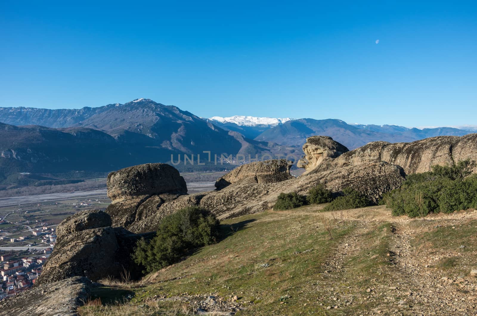 Mountain landscape in Meteora rock formations near famous monasteries, Greece.