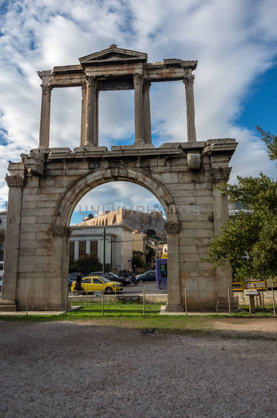 Hadrian's gate ( Arch of Hadrian ) monument in Athens historical center, Greece.