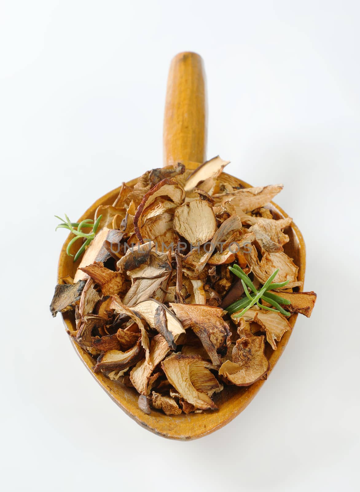 scoop of dried mushrooms on white background