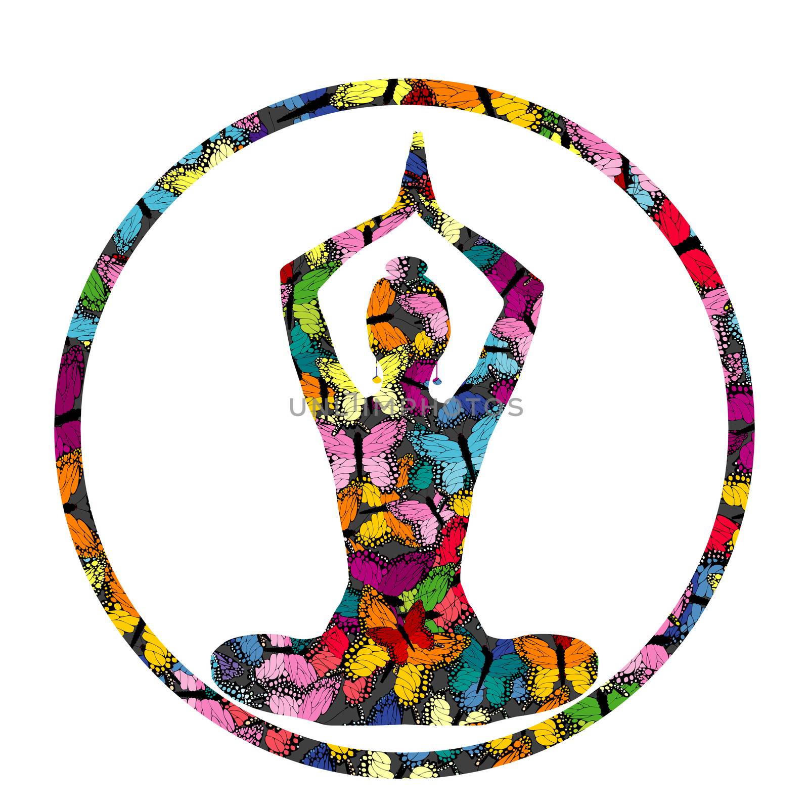 Colorful yoga icon with silhouette of a girl sitting in a lotus pose