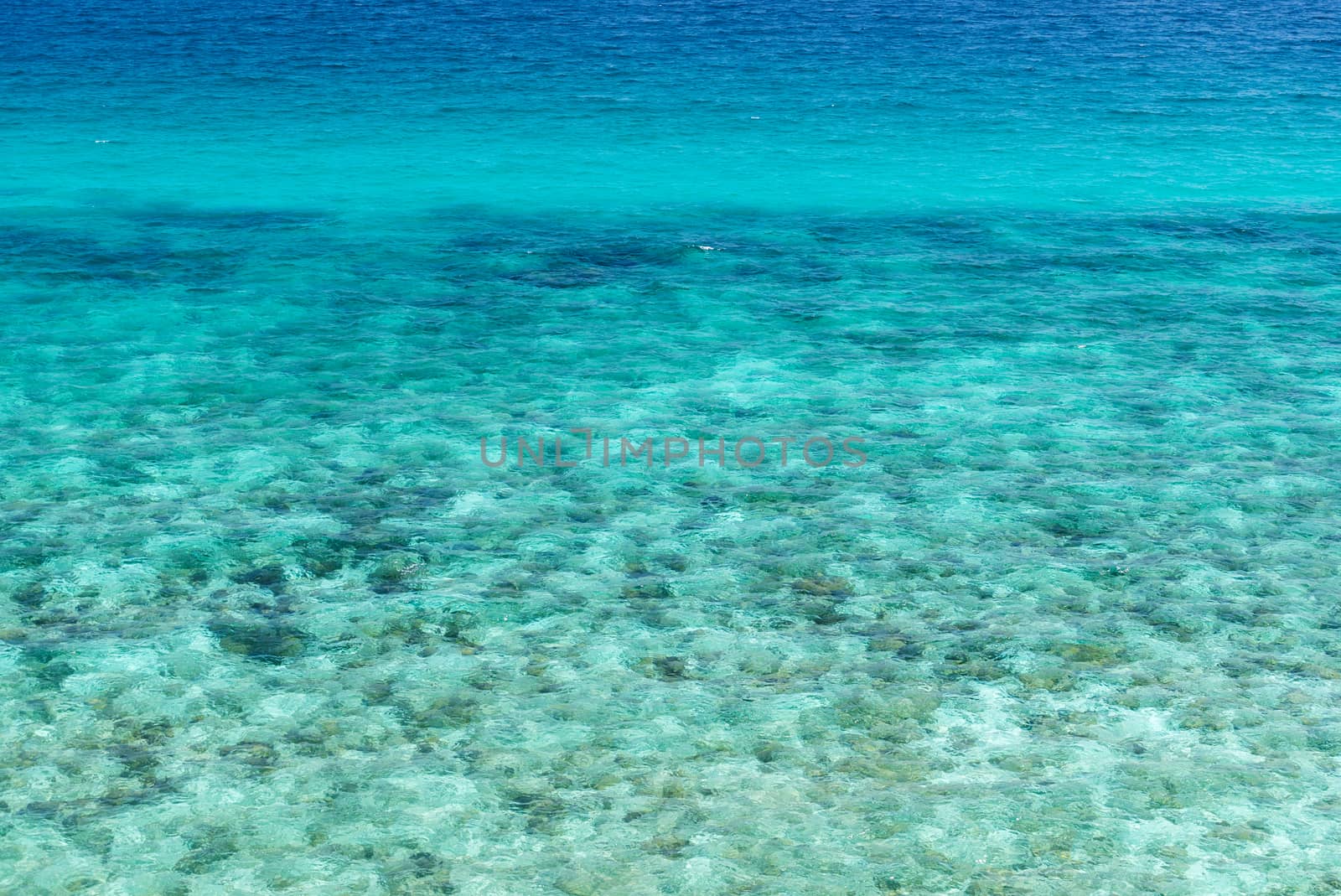 Top view of transparent shallow turquoise ocean sea water surface and rock at andaman sea indian ocean in summer.