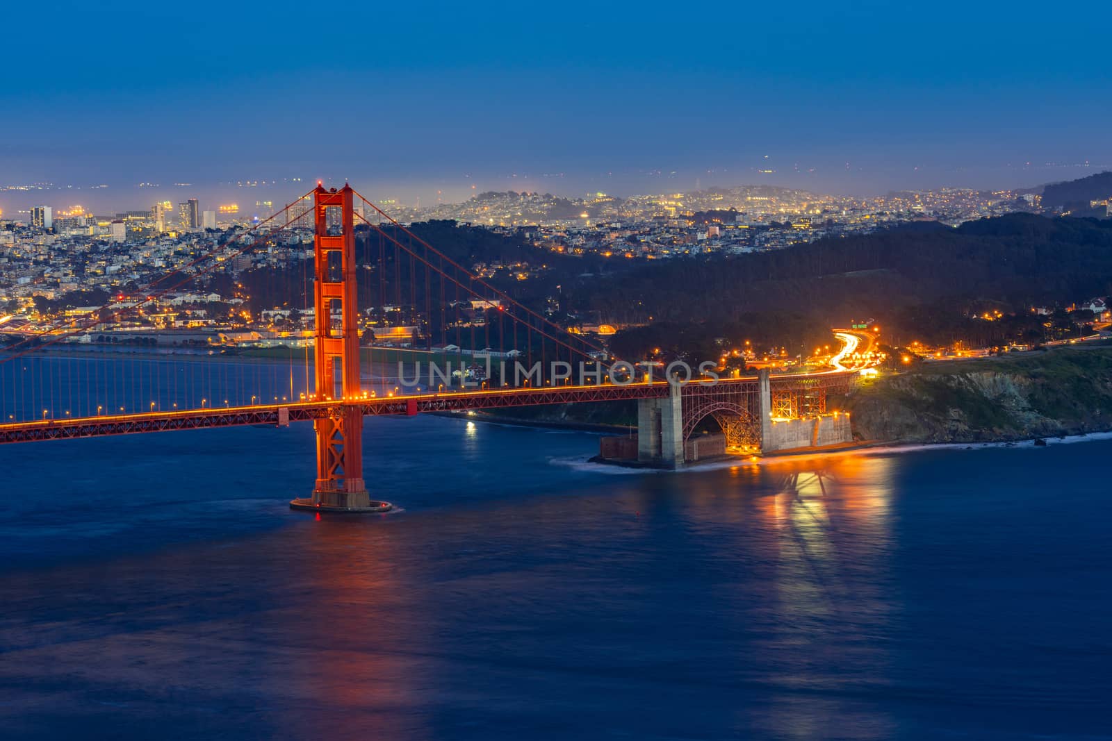 Golden Gate bridge in San Francisco California USA West Coast of Pacific Ocean Sunset Twilight