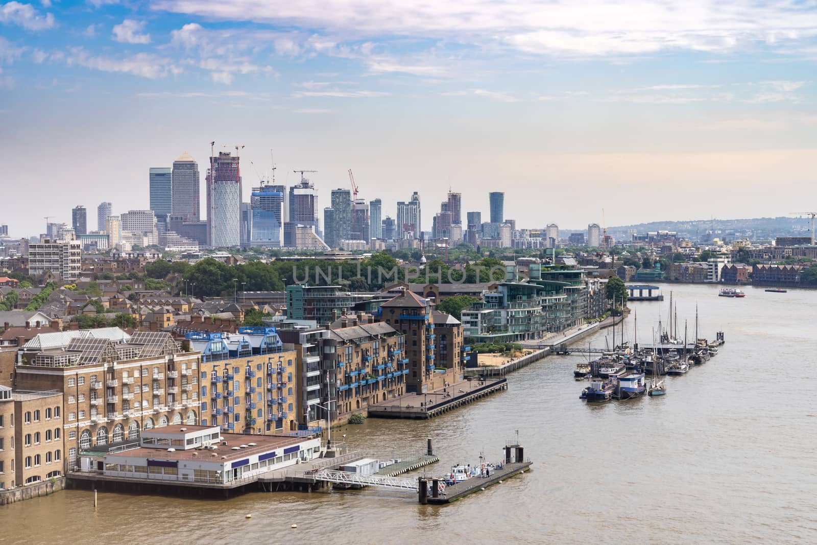 London cityscape with River Thames to Canary Wharf skylines building in London UK