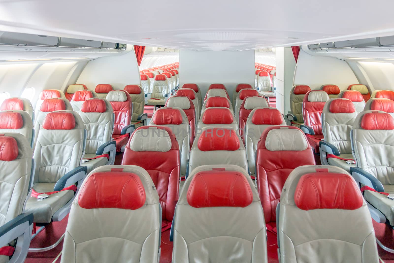 Empty passenger airplane economy seats in the cabin