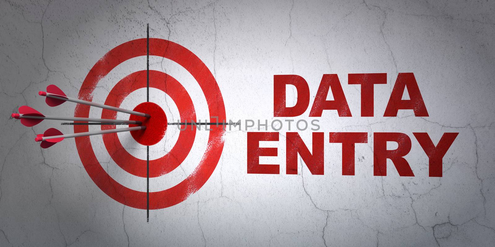 Success Information concept: arrows hitting the center of target, Red Data Entry on wall background, 3D rendering