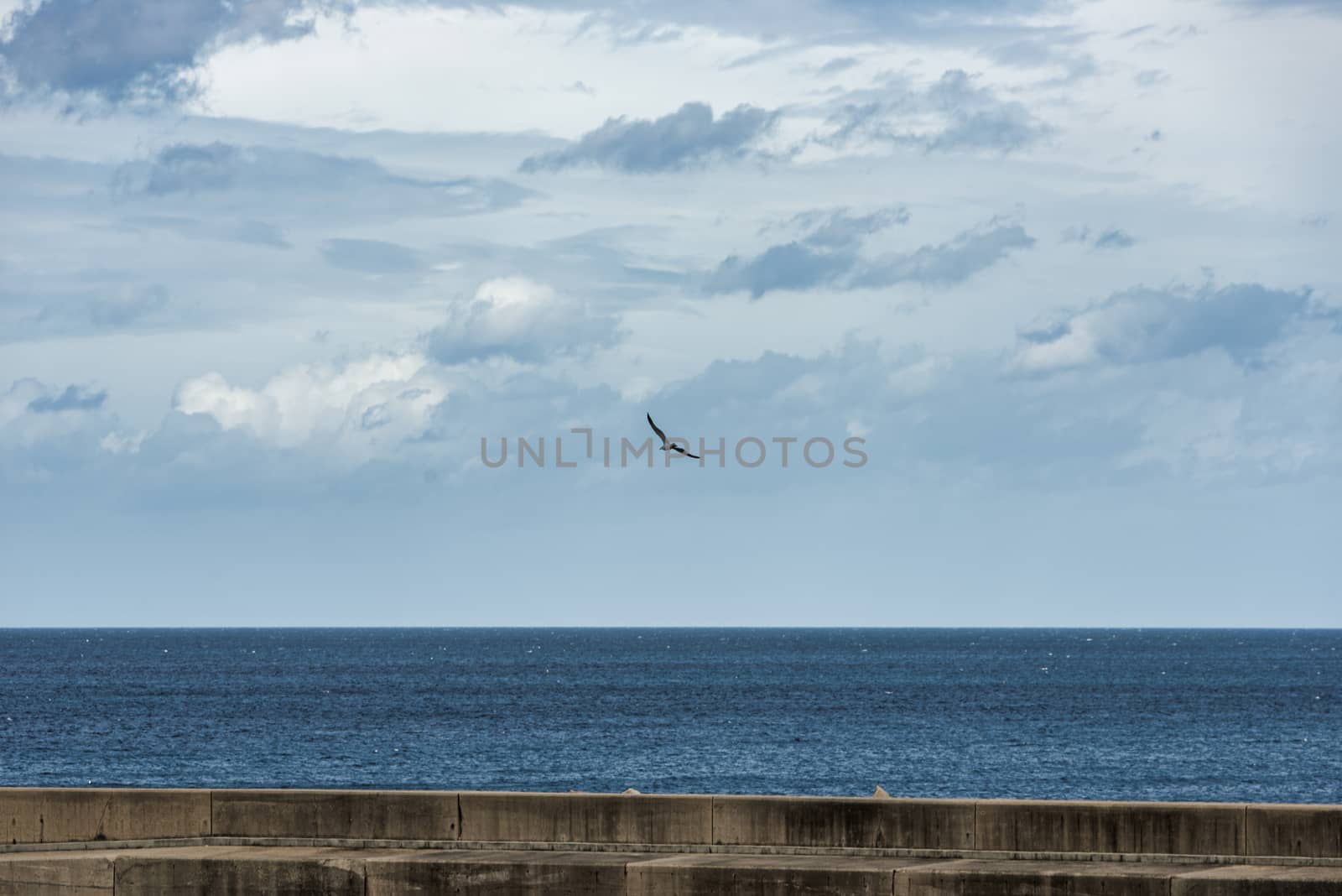 horizon with the clouds and blue sea view from castelsardo harbour on the italian island of sardinia or sardegna