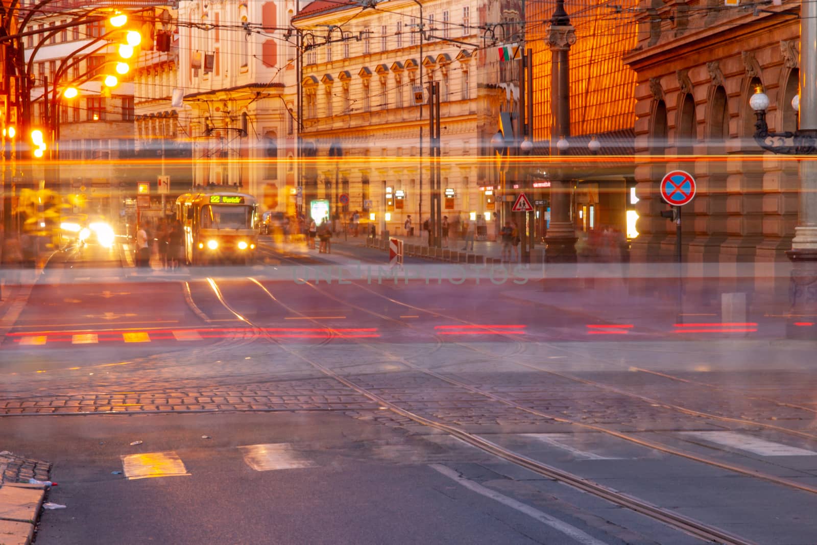 Prague streets by night. Traffic around Narodni trida. Long exposure. Prague, Czech Republic.