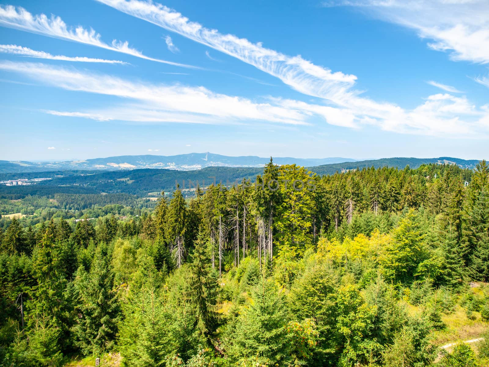Green forest landscape of Jizera Mountains with Liberec and Jested Mounain on the background, Czech Republic. View from Slovanka lookout tower.