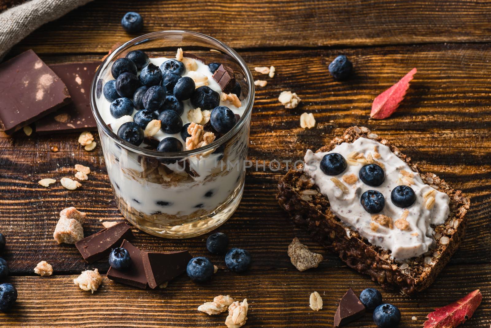 Healthy Breakfast. Yogurt with Blueberry and Granola. Toast with Curd and Berries.