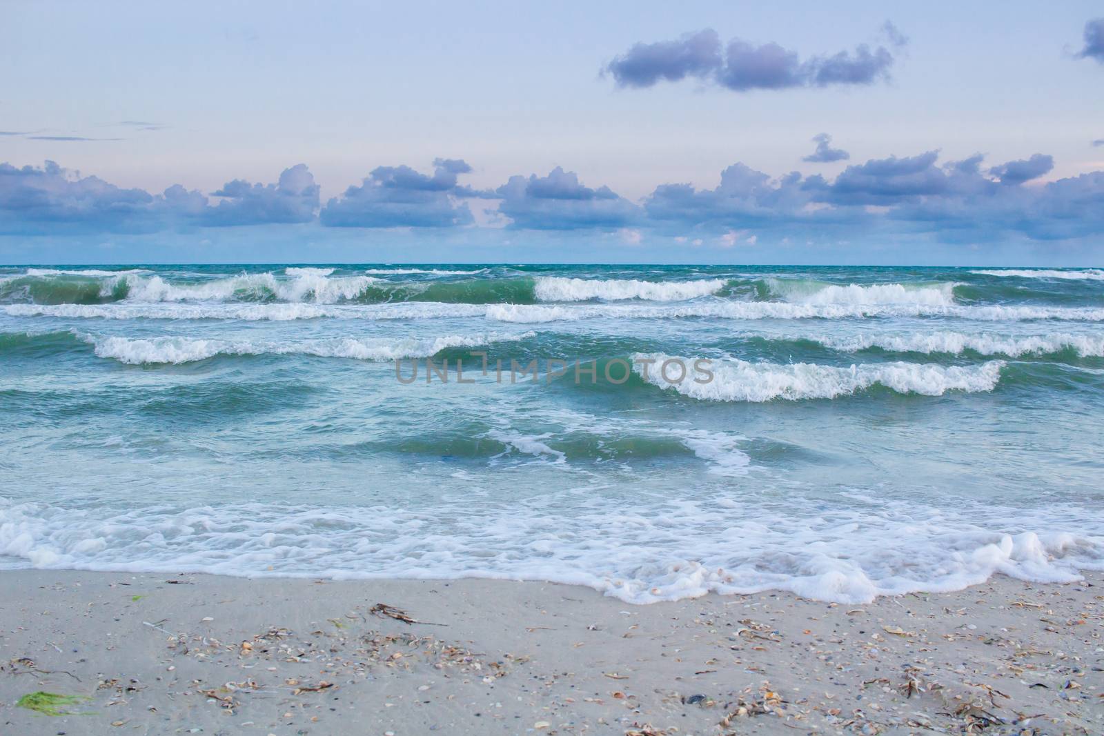 Sea coastal waves rolling on empty sandy beach, stormy cloudy sunrise skyview