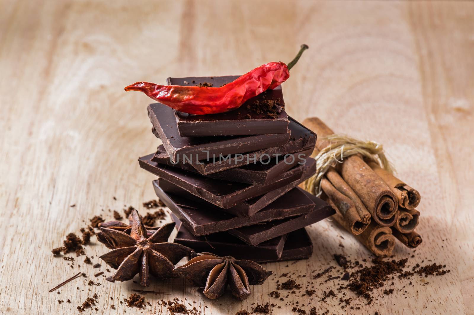 Stack of Dark Chocolate with Different Spices