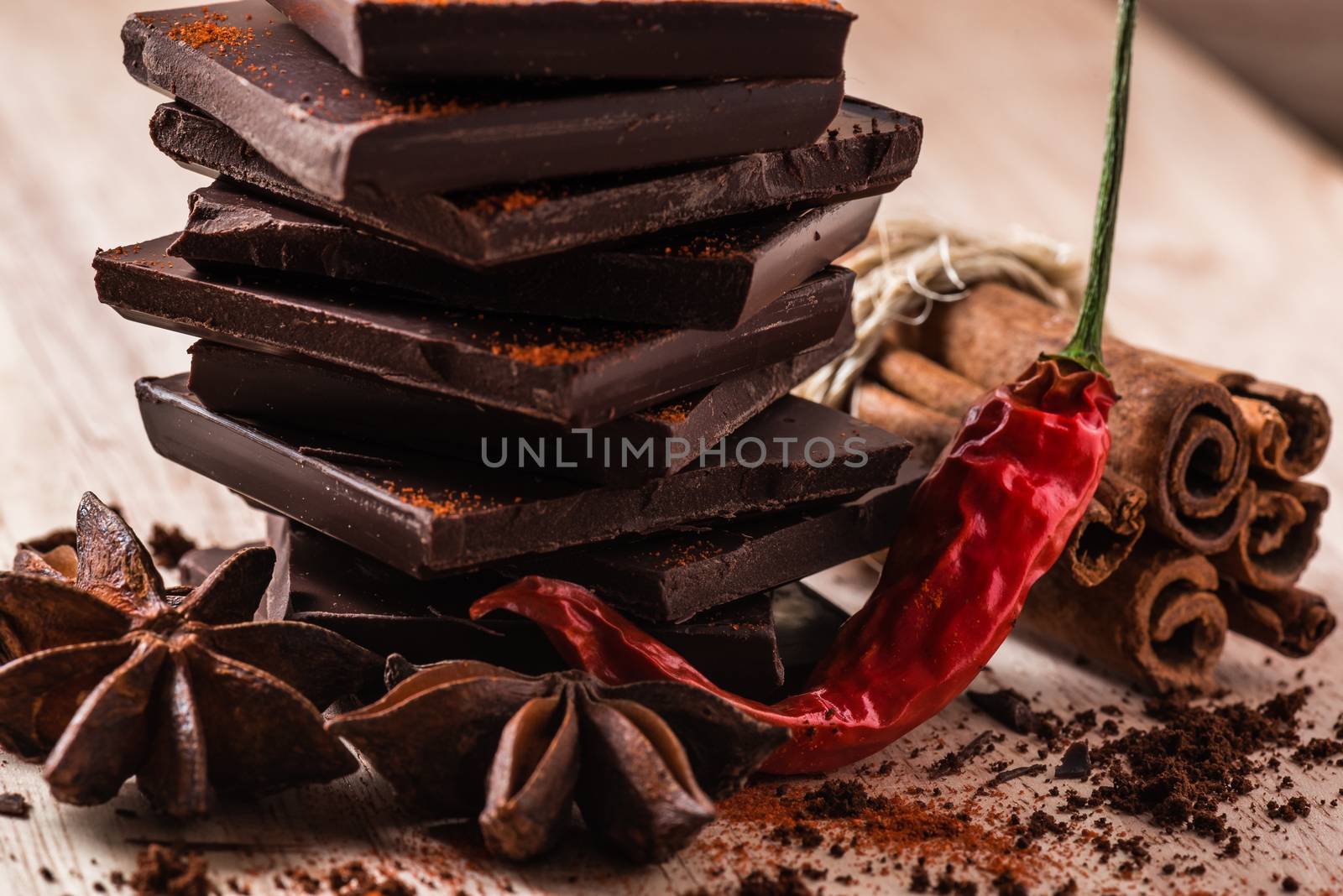 Dry Chili Pepper with Chocolate, Anise Star and Cinnamon Sticks