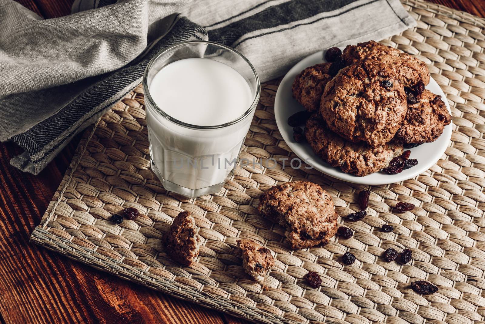 Oatmeal Cookies on Plate with Milk in Glass