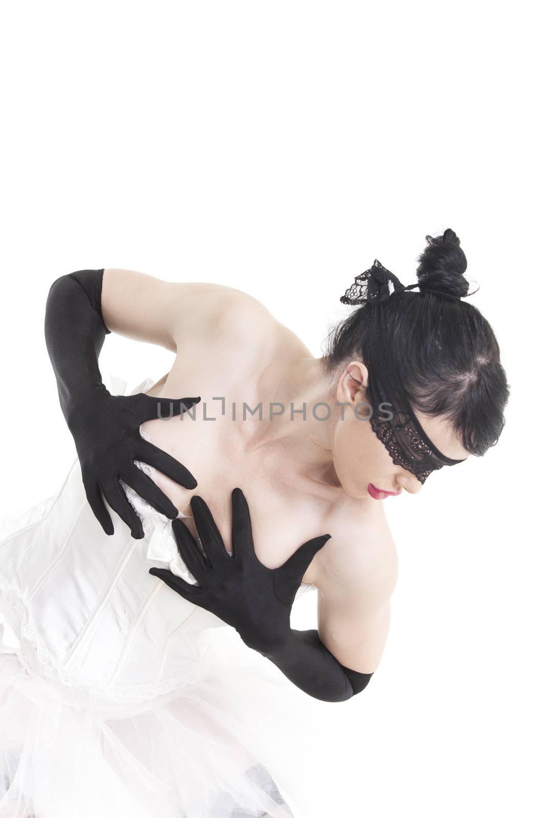 ballet dancer with hand gloves on white