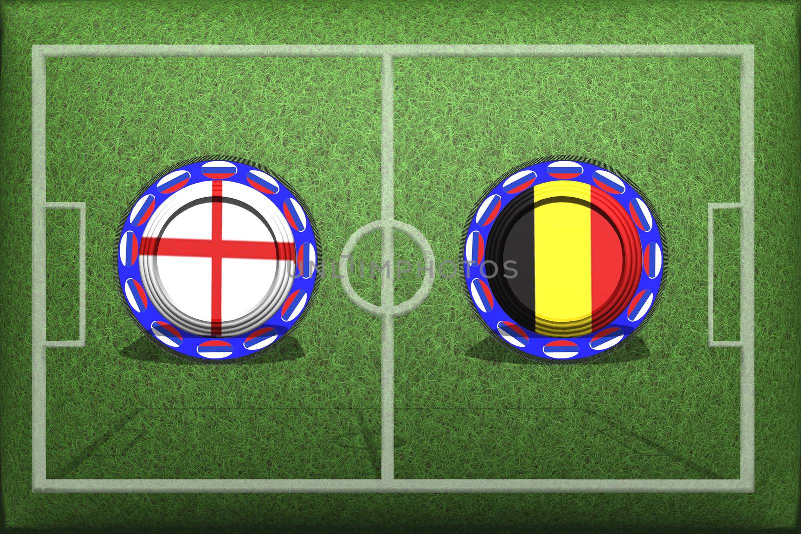 Football, World Cup 2018, Game Group G, England - Belgium, Thursday, June 28, Button with national flags on the green grass.