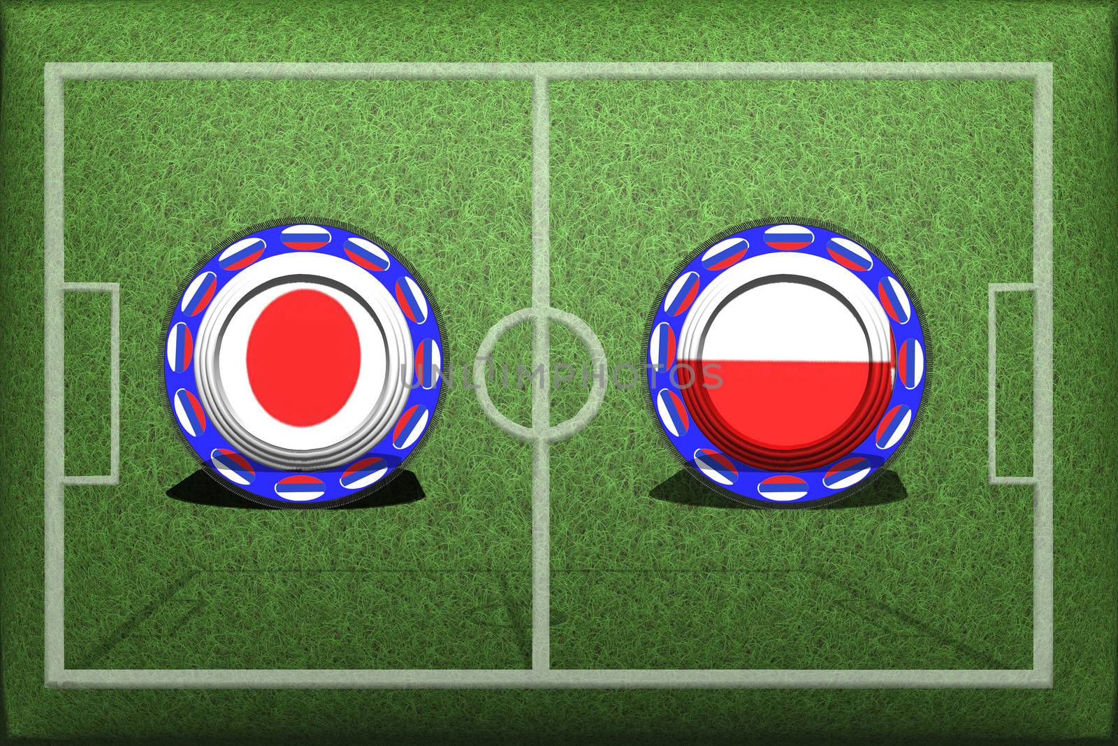 Football, World Cup 2018, Game Group H, Japan - Poland, Thursday, June 28, Button with national flags on the green grass.