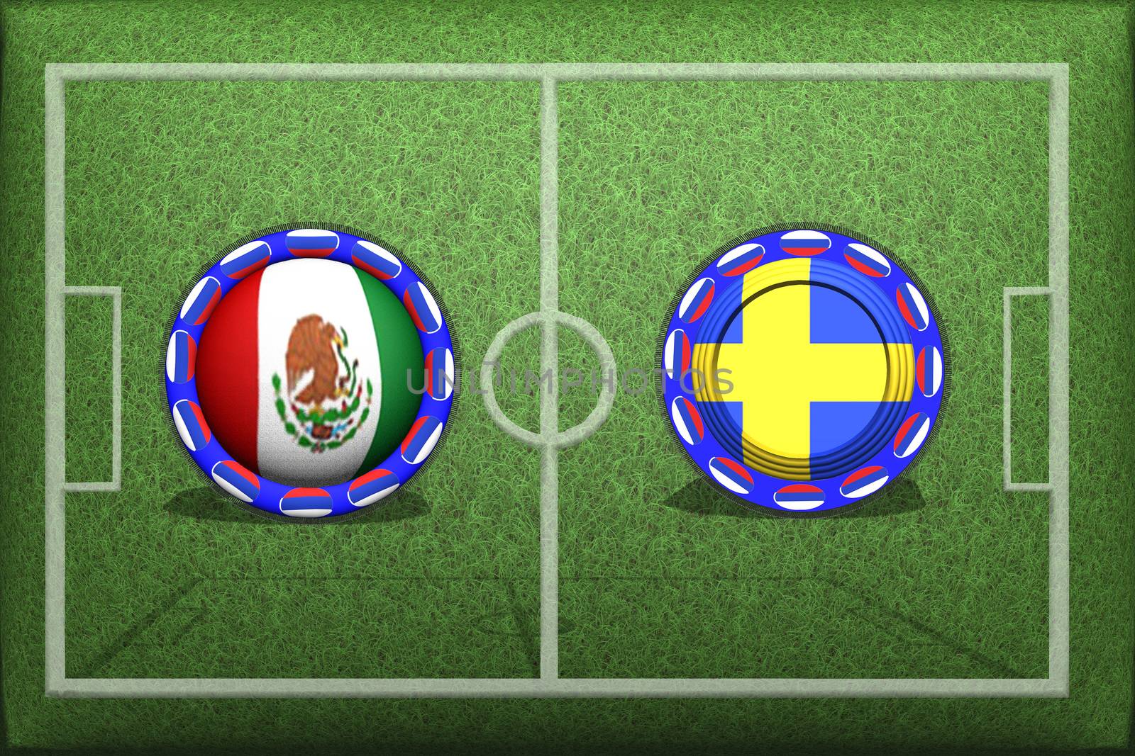 Football, World Cup 2018, Game Group F, Mexico Sweden, Wednesday, June 27, Button with national flags on the green grass.