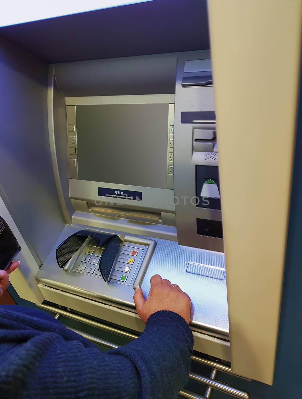 ATM cash machine in current operation. Blank screen for model