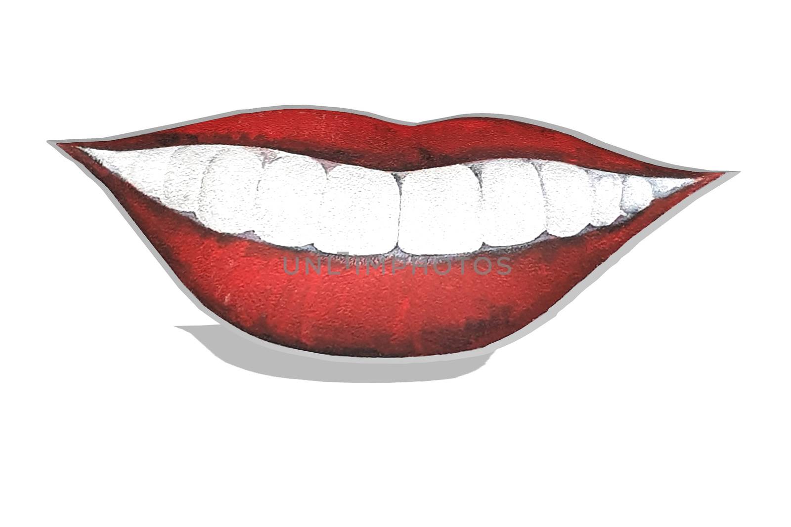 Red lips with a kiss and teeth. Illustration isolated