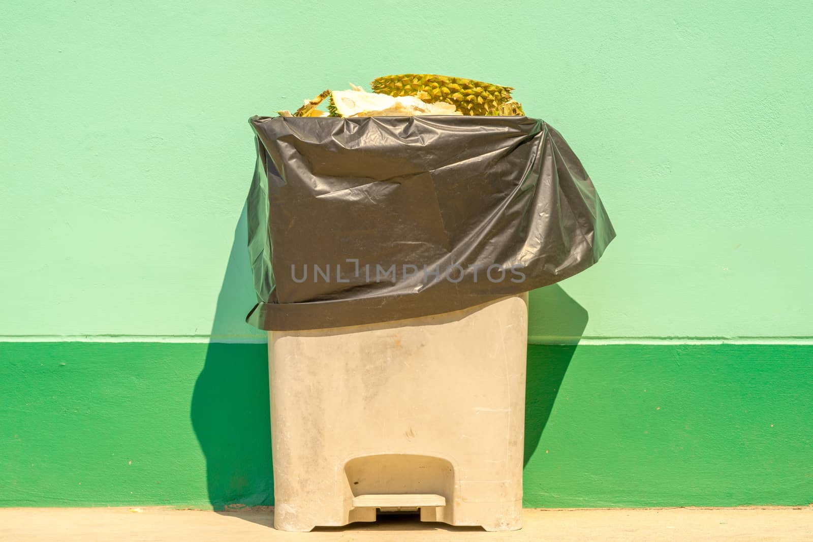 Discard durian peel in trash. Pastel green background