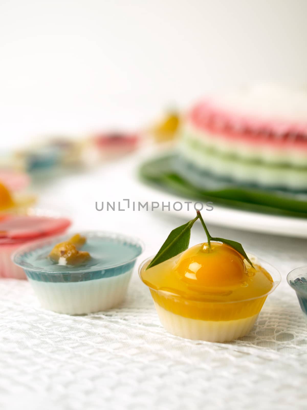 Colorful Coconut jelly Thai dessert with Look Choup , the dessert plated balls