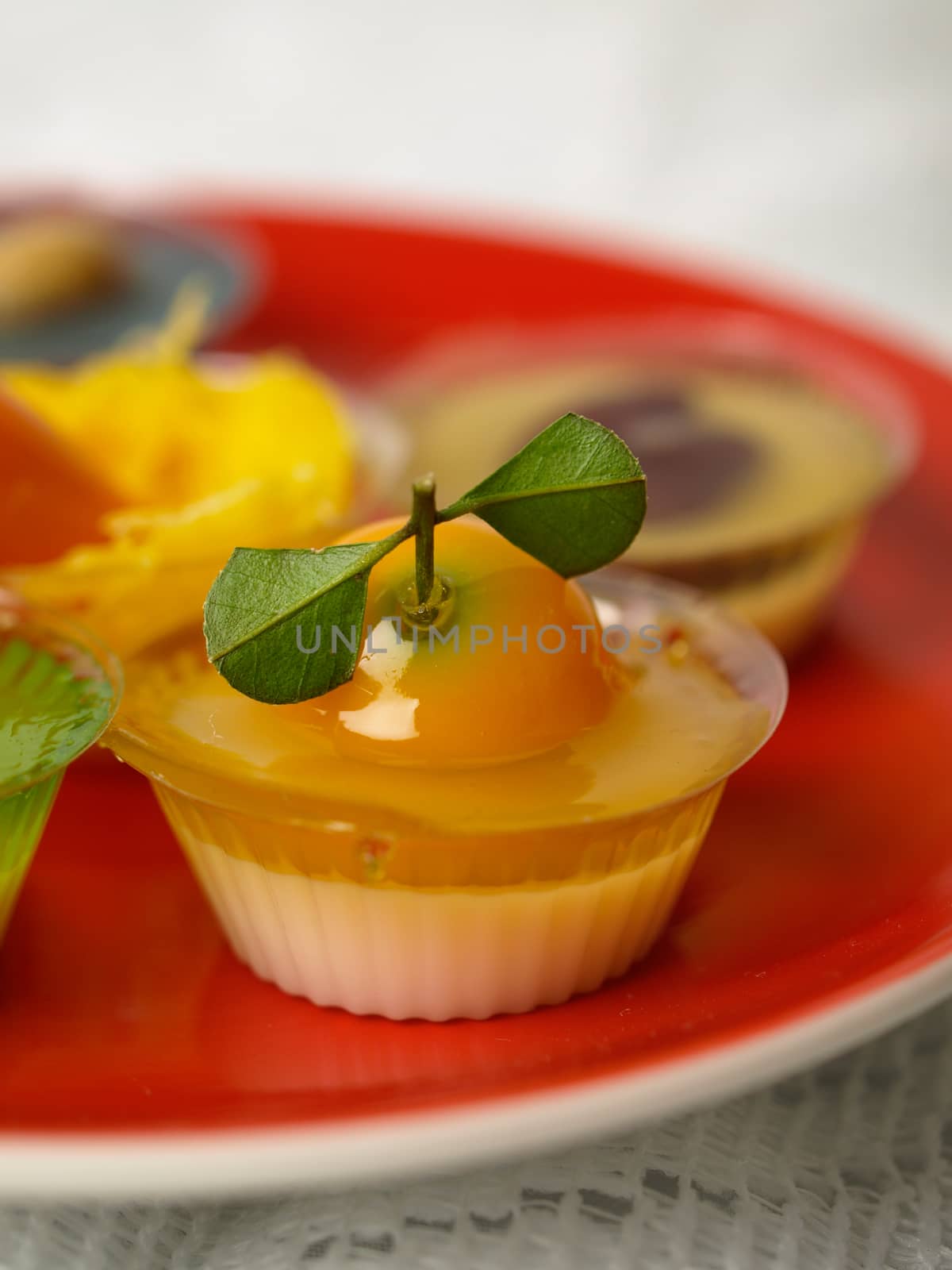 Colorful Coconut jelly Thai dessert with Look Choup , the dessert plated balls