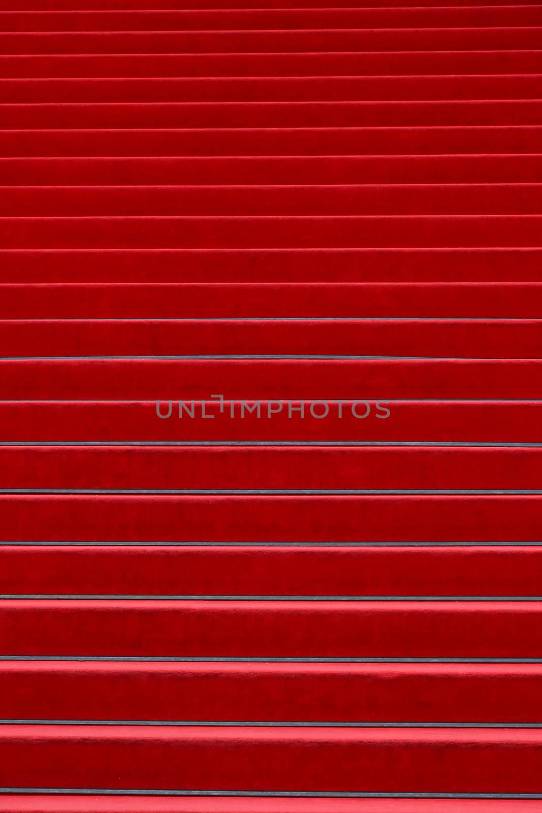 Close up red carpet covered stairs perspective ascending, low angle view