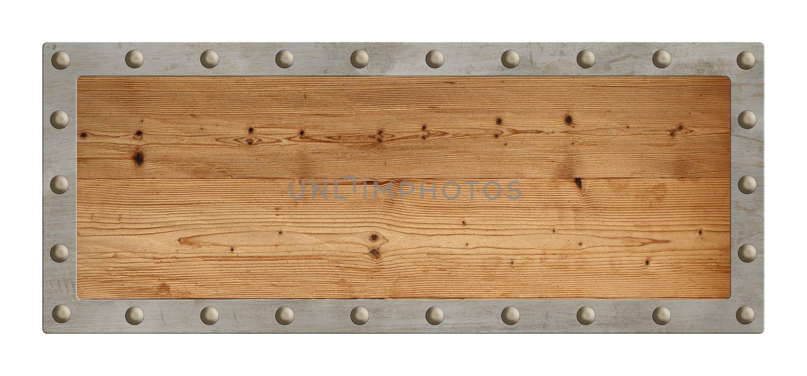 Old blank empty rectangle shape vintage brown wooden sign with metal border and studs isolated on white background