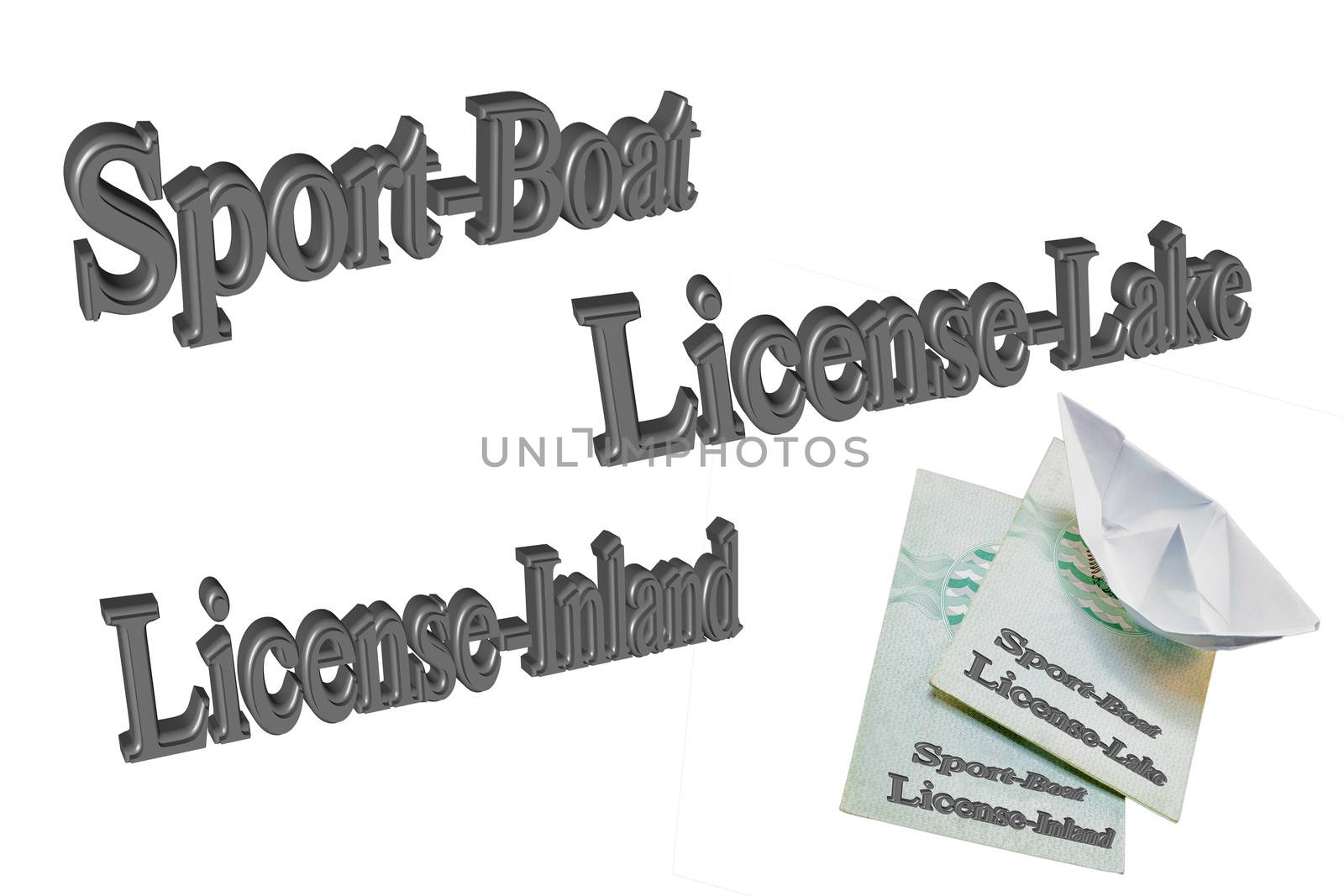 Text in 3D in English "Sport Boat License" against white background
