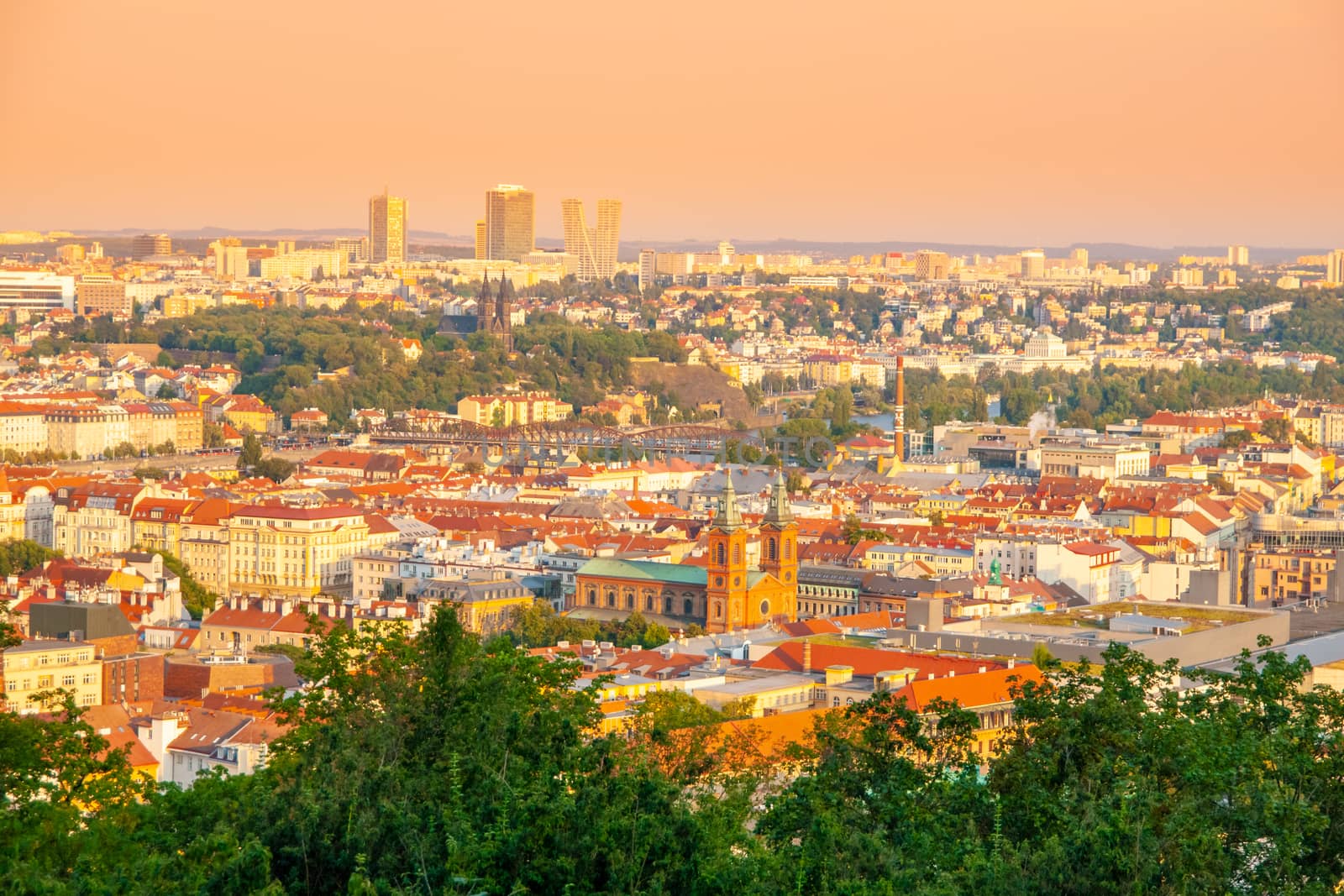 Prague cityscape. Skyline with modern building of Pankrac. Sunny summer day, Praha, Czech Republic.