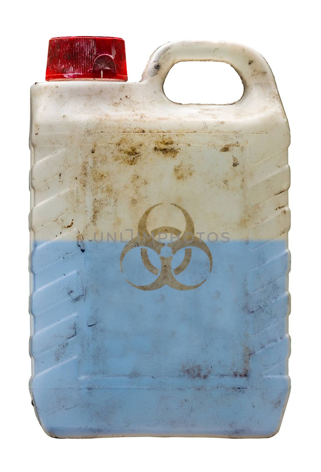 Isolated Grungy Plastic Container Holding A Blue Toxic Biohazard Waste Liquid