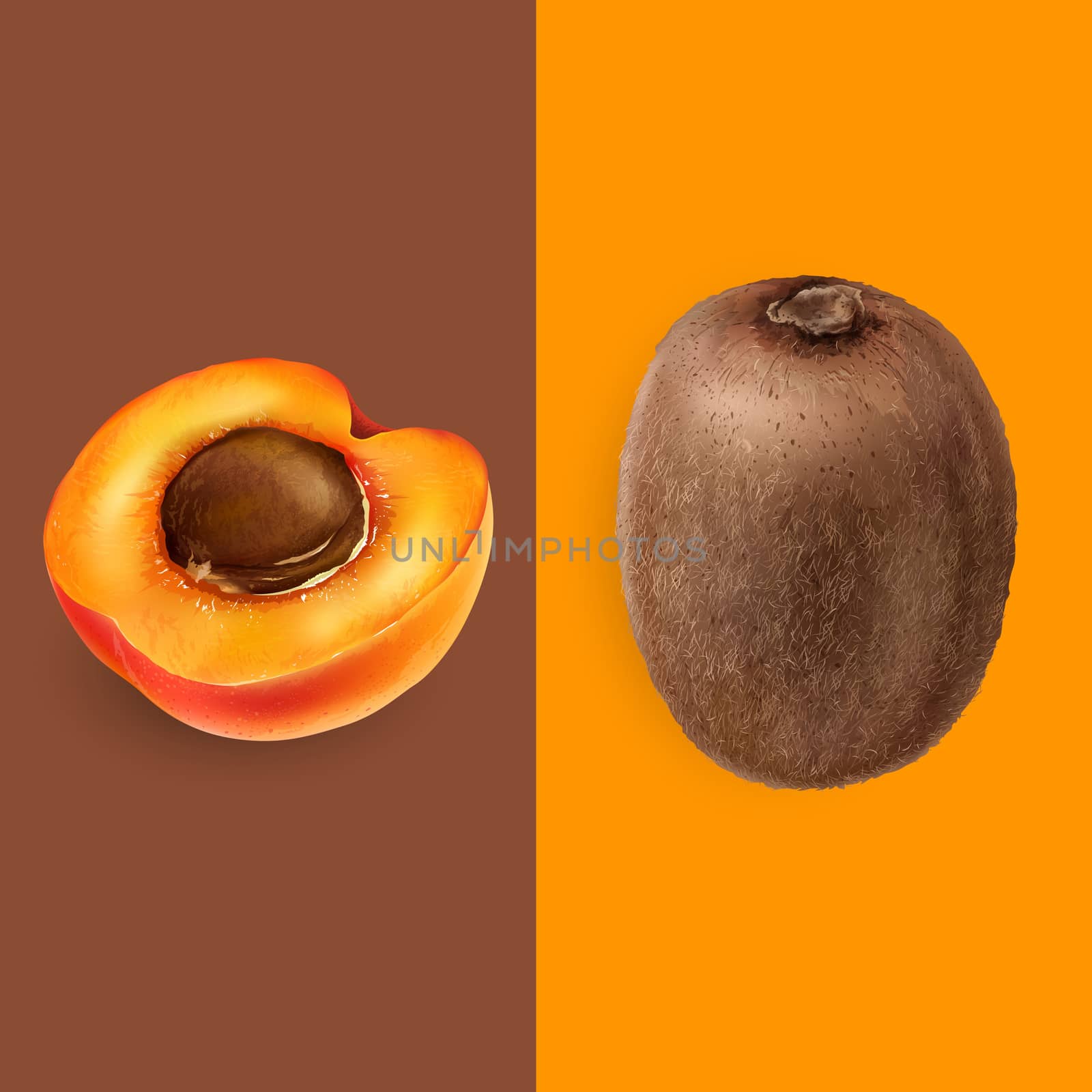 Apricot and kiwi on orange and chocolate background.