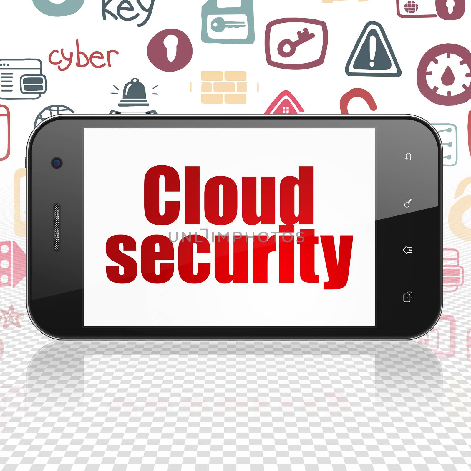 Privacy concept: Smartphone with  red text Cloud Security on display,  Hand Drawn Security Icons background, 3D rendering