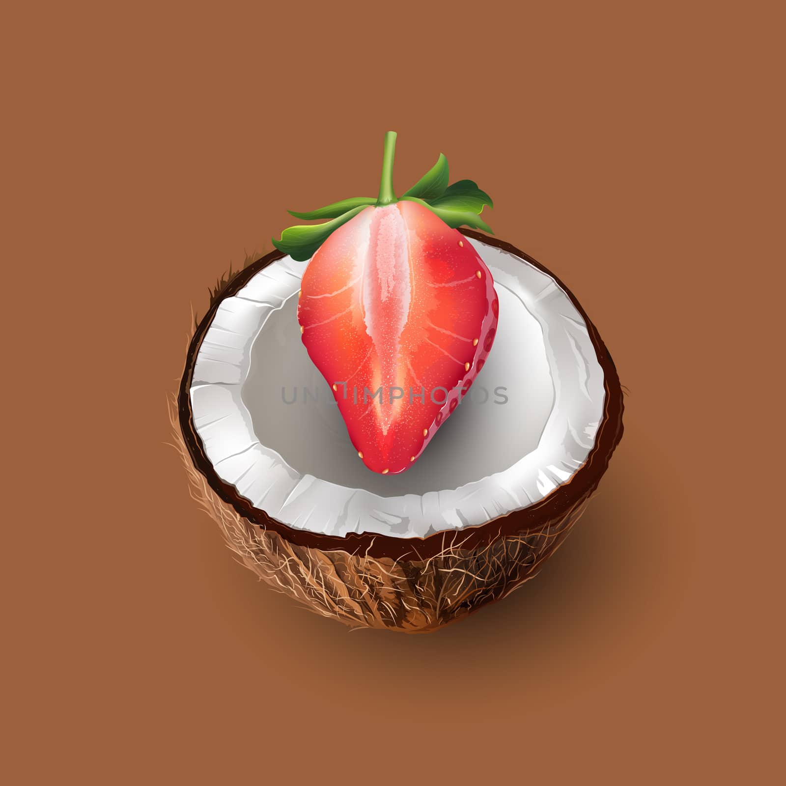 Coconut and strawberry on a chocolate background.